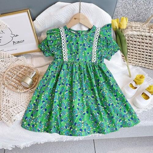 2021 Summer Flower Girls Dresses Lace Short Sleeve Princess Dress Party Birthday Costume Vestidos Little Children Clothes