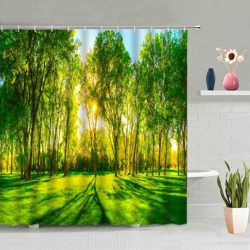 Green Forest Shower Curtain Spring Natural Scenery Bamboo Leaves Trees Plants Bird Bathroom Decoration Screen Washable With Hook