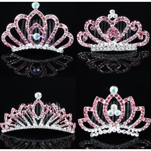 Luxury Krean Style Girl Kid Crown Tiara Banquet Wedding Pink Crystal Headband Teardrop Hair Comb Hair Accessories Hair Ornament