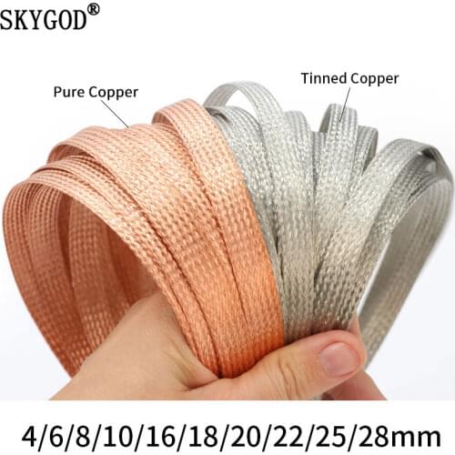 Tinned Plating Copper Braided Sleeve 1/2/5M Width 2mm ~ 30mm Expandable Wire Cable Screening Shielded Metal Sheath