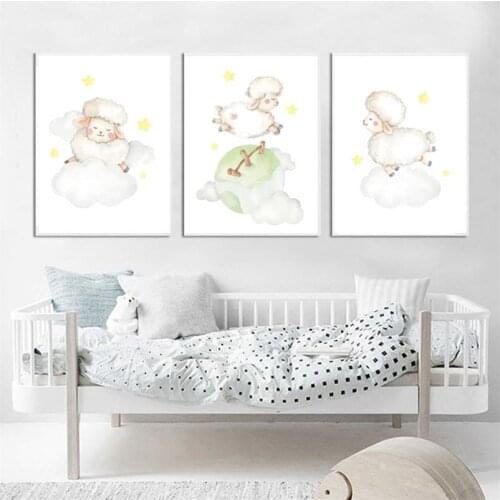 Cute Sheep Stars Clouds Animal Canvas Painting Nursery Poster Art Print Cartoon Wall Picture Nordic Kid Baby Bedroom Decoration