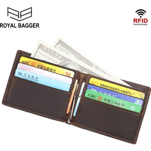 Royal Bagger RFID Blocking Short Wallet for Men Crazy Horse Leather Retro Man Money Clip Slim Card Holder Purse Genuine Cowhide