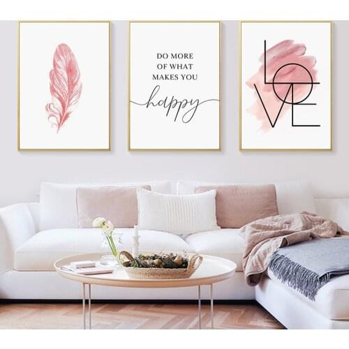 Blush Pink Wall Art Feather Canvas Painting Inspirational Quote Poster and Print Love Sign Picture for Girl Room Decor Home Deco