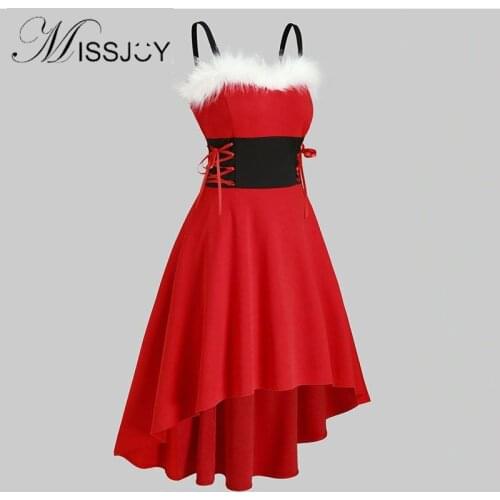 Missjoy womens Christmas solid color short skirt with A-line big swing dress with bandage