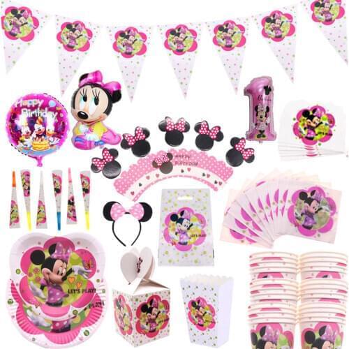 Kids Birthday Party Disney Minnie Mouse Decoration Set Party Supplies Paper Cup Plate Napkins Banner/Flag Hat Straw Candy Box