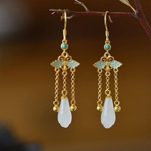 Designer original new enamel porcelain inlaid Hetian magnolia fringe earrings womens ethnic style elegant ladies jewelry