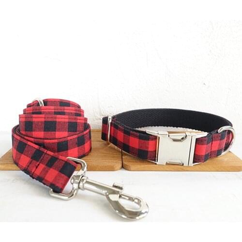 Customized Dog Collar Engraved Puppy ID Tag Leash Collar Set Adjustable Outdoor Plaid Pet Collar Leash Fabric RED BLACK PLAID
