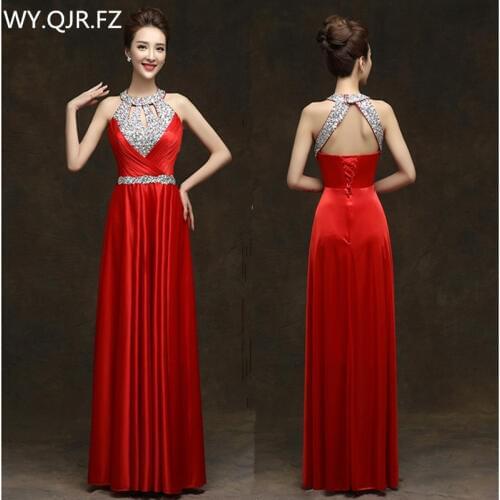 QLY150#Diamante Blue Red Long Halter Lace up Bridesmaid Dresses Bridal gown Wedding Party Prom Dress girl 2019 Wholesale Custom