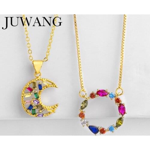 Rainbow Cz Moon Necklace Pendant Gold Cubic Zirconia Colorful Women Necklace Party Jewelry