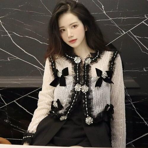 Luxury Summer Beaded Diamonds Sequined Short Bomber Jacket 3D Bow Lace Cardigan Sunscreen Fairy Single-breasted Coat Crop Tops