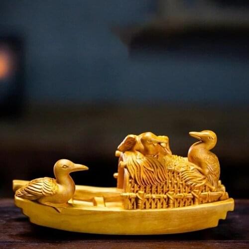 Boxwood 15cm Fishing Boat Sculpture Wood Cormorant Animal Statue Lucky Osprey Home Decor