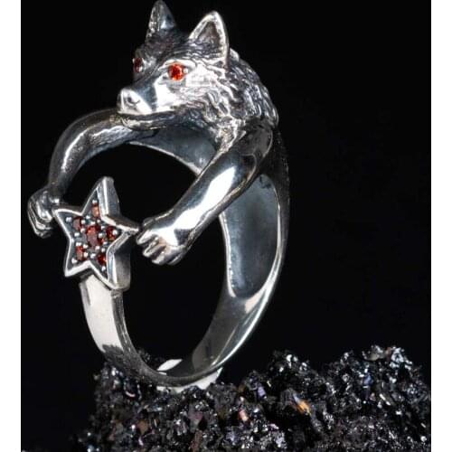 Animal Wolf Star Silver Ring Vintage Zircon Stone Men Silver Ring Made In Turkey Solid 925 Sterling Silver
