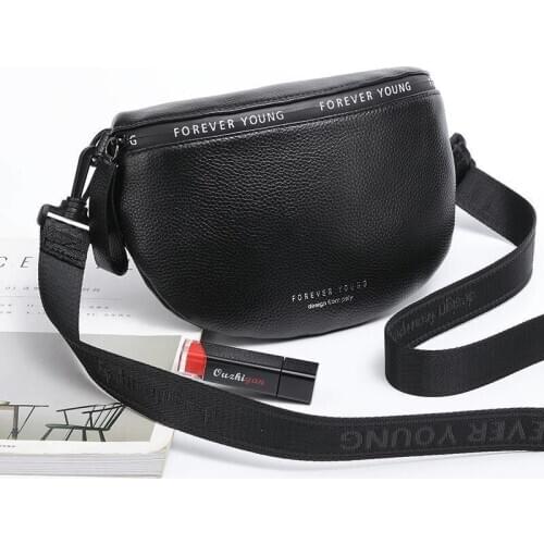 Genuine Leather Waist Bags Women Letter Half Moon Chest Bag Female Wide Shoulder Strap Soft Small Girls Bag Bolsa Sac