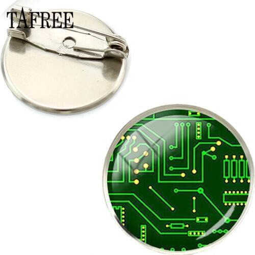 TAFREE Handmade Glass Dome Computer Circuit Board Brooch Metal Badges Pin Mens Shirt Clothing Jewelry QF23