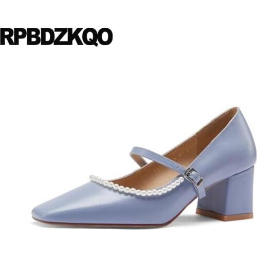 Trending Pearl Bridesmaid Wine Red High Heels Thick Mary Jane Girls Autumn Strap Square Toe Medium Pumps Light Blue Women Shoes