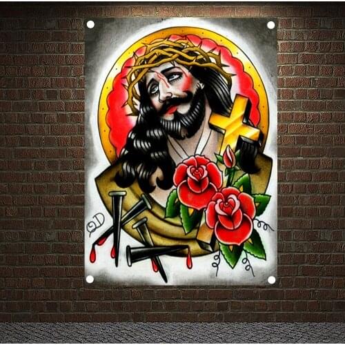 Jesus Old school Tattoo Banners Vintage Canvas Painting Retro Wall Art Print Posters Home Decor Mural Hanging Flags Wall Sticker