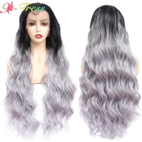 X-TRESS Synthetic Wigs for Black Women Dark Roots Grey Purple Lace Front Wig Long Wavy Ombre Synthetic Wig Heat Resistant Fiber