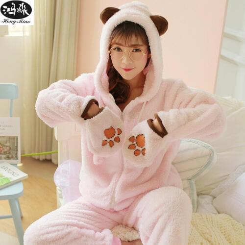 Women Winter Pajamas Sets 2018 Flannel Thicken Warm Comfortable Long Sleeve Pajamas Suits Female Cute Cartoon Bear Paw Sleepwear