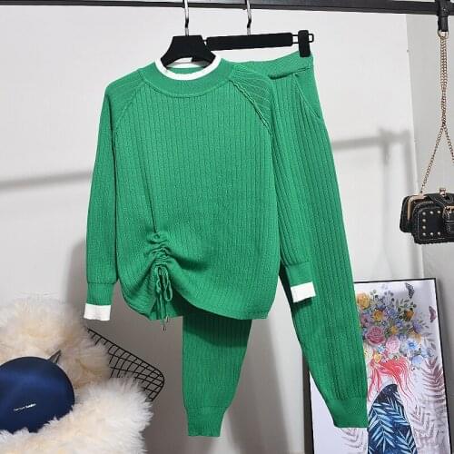 Autumn Winter New 2 Piece Set Women Fashion Contrast color Long-sleeve knit Sweater Tops + Small feet Pants Women Knitted Sets