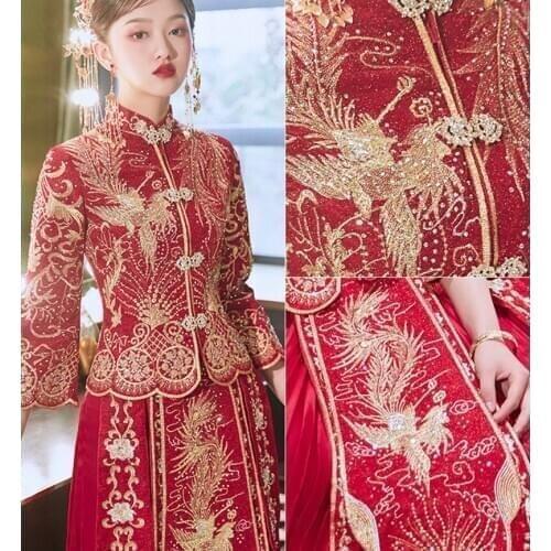 Oversize 3XL Phoenix Embroidery Chinese Bride Wedding Dress Retro Chinese Cheongsam Bride Groom Toast Clothing Long Section