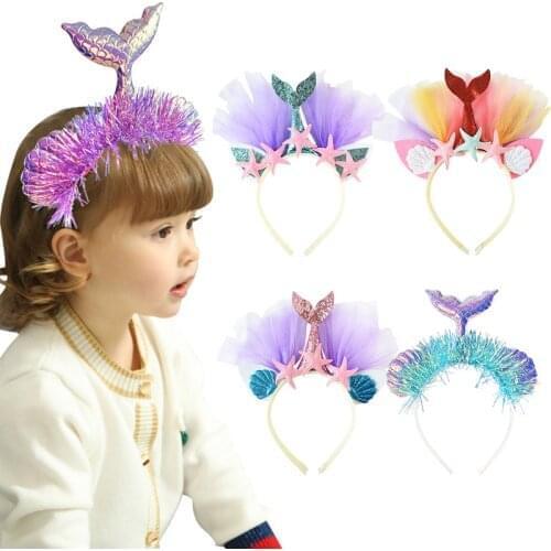 1Pc Mermaid Party Headband Girls Favor Mermaid Hair Band Unicorn Ribbon Hair Bow Accessories Birthday Kids Party Decoration