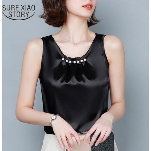 2021 Sexy Korean Style Slim Beading Sleeveless Vest Tops Women Ladies Tops Women Solid Colors Tank Tops Silk Satin 9492 50
