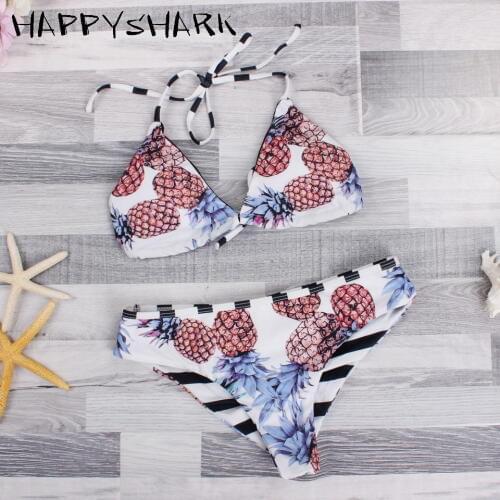 HAPPYSHARK Pineapple Bikinis Women Swimwear Summer Reversible Swimsuit Floral Printed Swimming Suit Stripe Push Up Beachwear