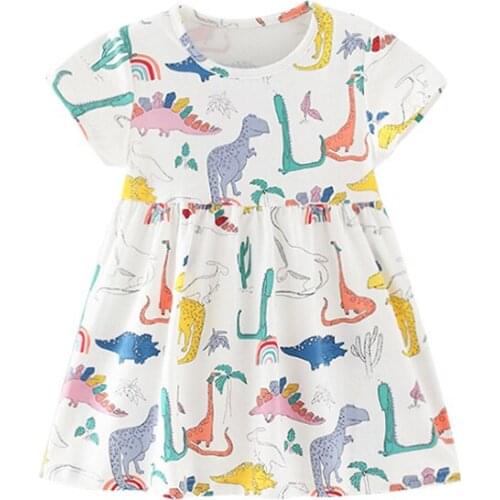 27kids Fashion Breathable Girls with Dinosaur Paradise Pattern Cotton Kids Summer Sling Short Sleeve Dress for Casual Skirt