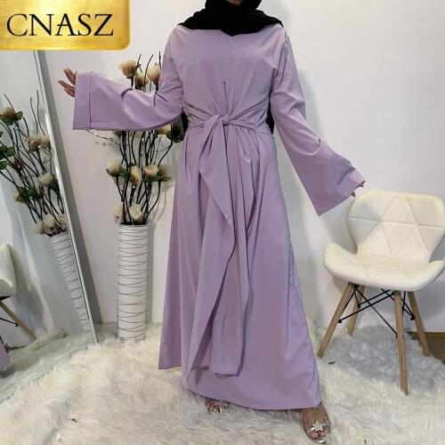 2020 Elegant Solid Color Multi Way Fashion Modest Clothing Black Long Dress With Wide Belt Tie Abaya Muslim Dresses