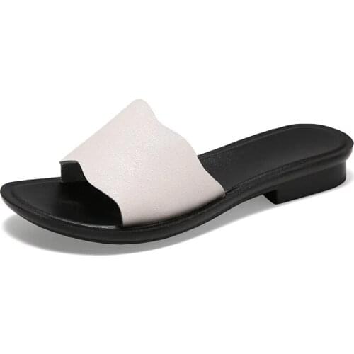Summer Womens Sandals Low Heel Slippers Leather Flip Flop Korean Casual Wear Slippers Soft Anti Slip Beach Shoes