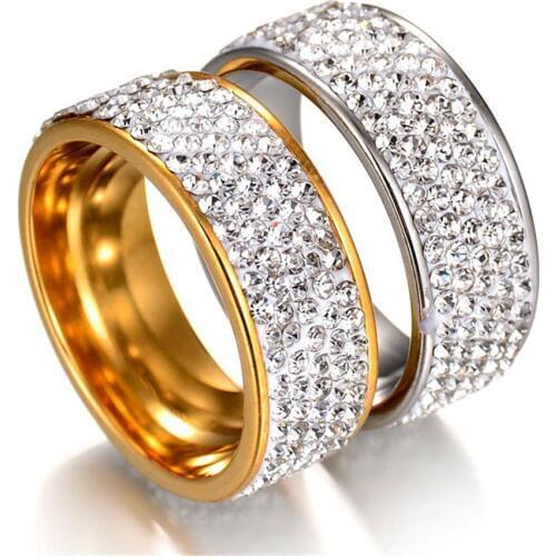 Hip Hop Full Rhinestone Bling Iced Out Wedding Rings Gold Color Titanium Stainless Steel Rings For Men Women Wholesale Jewelry