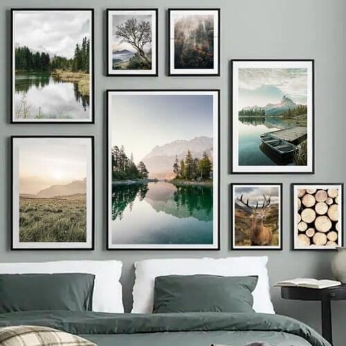 Lake Deer Sunrise Boat Mountain Forest Landscape Wall Art Canvas Painting Posters And Prints Wall Pictures For Living Room Decor