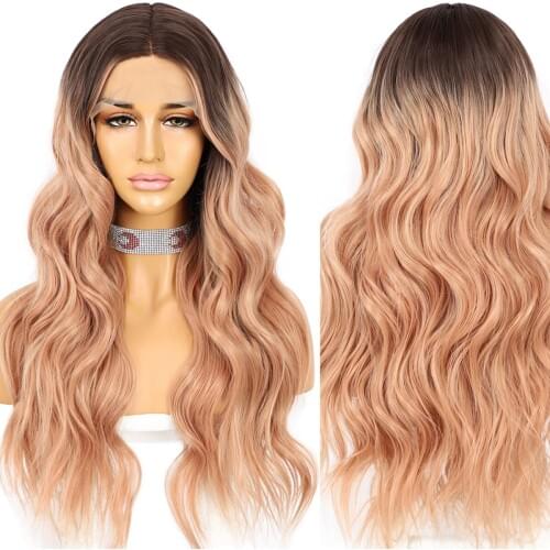 Ombre Pink Wavy Synthetic Lace Wigs Long T Middle Part Wig High Temperature Party Cosplay Daily for Women Wear Make Up Celebrity