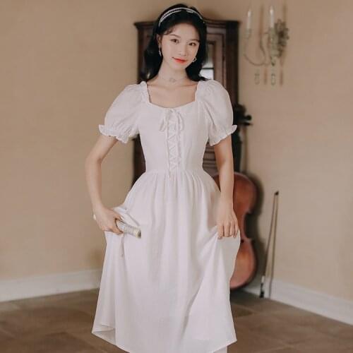 White First Love Vestidos Short Sleeve French Fairy Dress Summer Bowknot Lace Square Neck Elegant Ladies Sweet Princess Dress