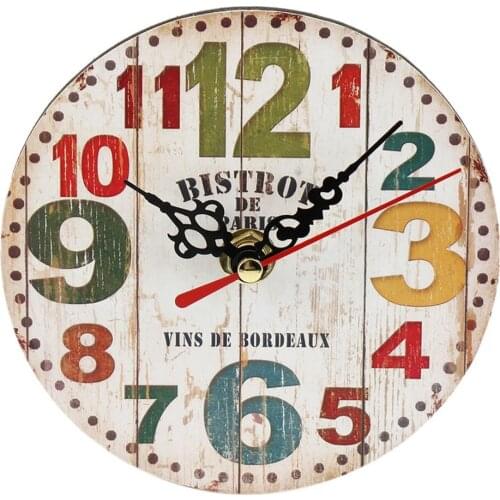 Practical Artistic Creative European Style Round Colorful Rustic Decorative Antique Wooden Home Wall Clock