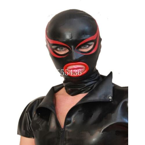 Sexy Exotic Lingerie Latex Hood with Red Mouth Circle Back Zip Fetish Hood Mask for Face Men