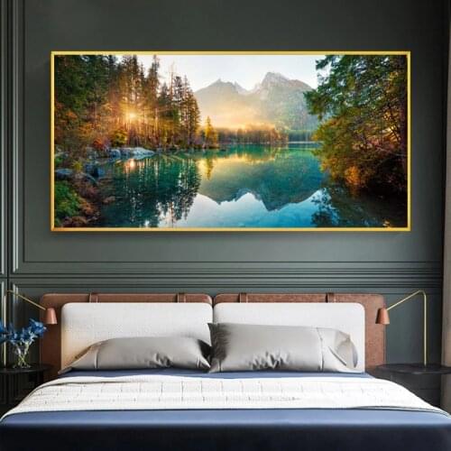 Modern Posters and Prints Nature Landscape Canvas Painting Sunshine Forest Lake Pictures for Living Bedroom Wall Art Home Decor