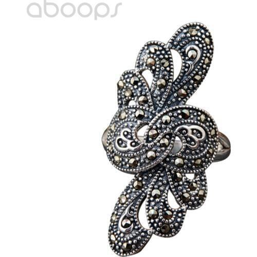 Vintage 925 Sterling Silver Ring with Marcasite Stones for Women Girls,Adjustable,Free Shipping
