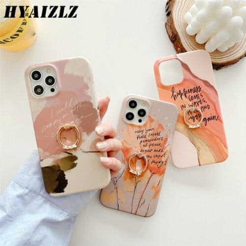 Ring Holder Protection Cover for iPhone 12 11 Pro Max SE 2020 XS XR Mini 7 8 Plus Phone Case Matte Soft IMD Aquarelle Back Coque