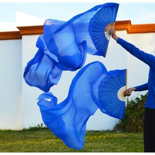 2016 High selling 100% Real Silk Veils 1 Pair handmade women Quality Silk Belly Dance Fan Dance blue 180*90 cm