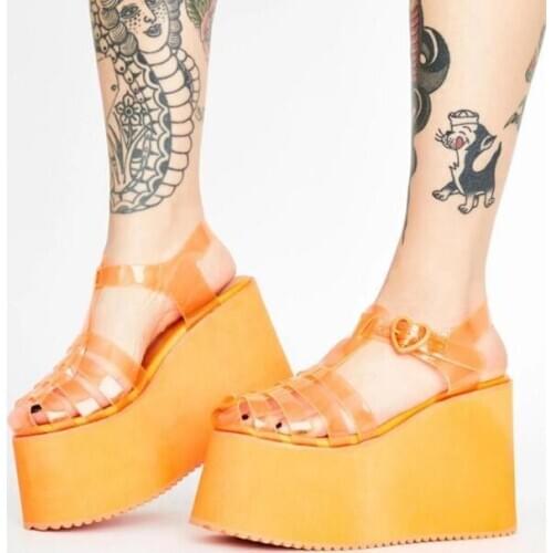 Girls Orange Pink Red Blue Green Purple Candy Color Thick Sole Platform Sandals Woman PVC Cuts Out Buckle Strap Wedge Sandals