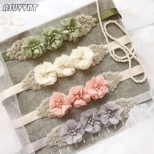 ASUVVNT Bridal Flowers Wedding Belt Polyester Sash Crystals Wedding Belts Wedding Sashes For Women Lady Evening Dress Belt