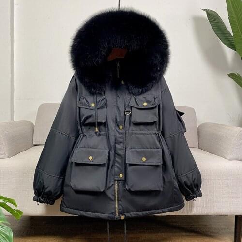 2021 White Duck Down Jacket Real Raccoon Fur Hooded Female Thicken Warm Winter Down Coat Women Short Loose Feather Snow Coat