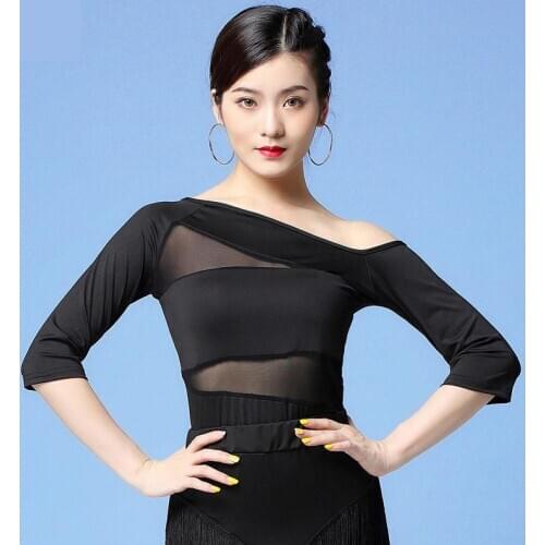 Latin Dance Practice Clothing Female Adult Oblique Shoulder Sexy Mesh Top New Profession Black Dance Performance Training Shirts