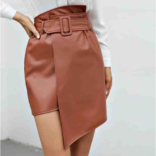 Cultiseed European Women High Waist Fake PU Leather Irregular Slim Hip Pencil Skirts With Belt Female Fashion New Party Gowns