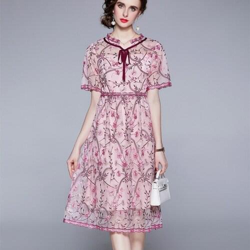 Mesh Embroidery Fashion Vintage Dress For Women 2021 Summer Bow Collar Short Sleeve Elegant Runway Midi Dresses