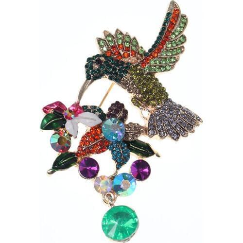 100pcs/lot 50mm Hummingbird With Flower Animal Bird Brooch Pin Green Crystal Rhinestone Brooches Wedding Brooch Pins