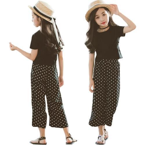 2019 Girls Clothing Sets Summer Short Sleeve Black Cotton T-Shirt+Casual Polka Dot Pants 2 Pcs Kids Outerwear Children Clothes