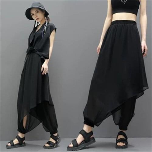 European and American Chiffon stitching wide leg pants personality fat MM elastic waist irregular large-size pants