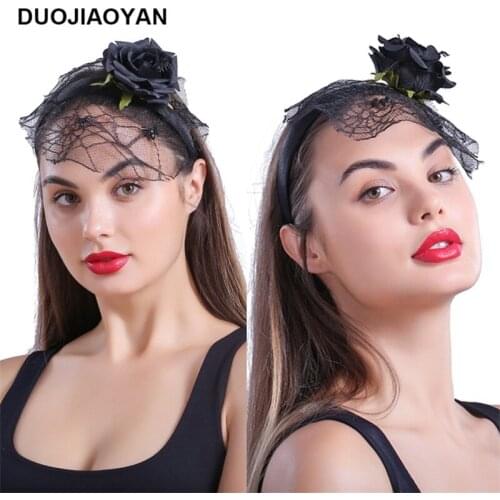 DUOJIAOYAN New Halloween Spider Black Headband Party Sexy Hair hoop Festival Rose Hair Band With Veil